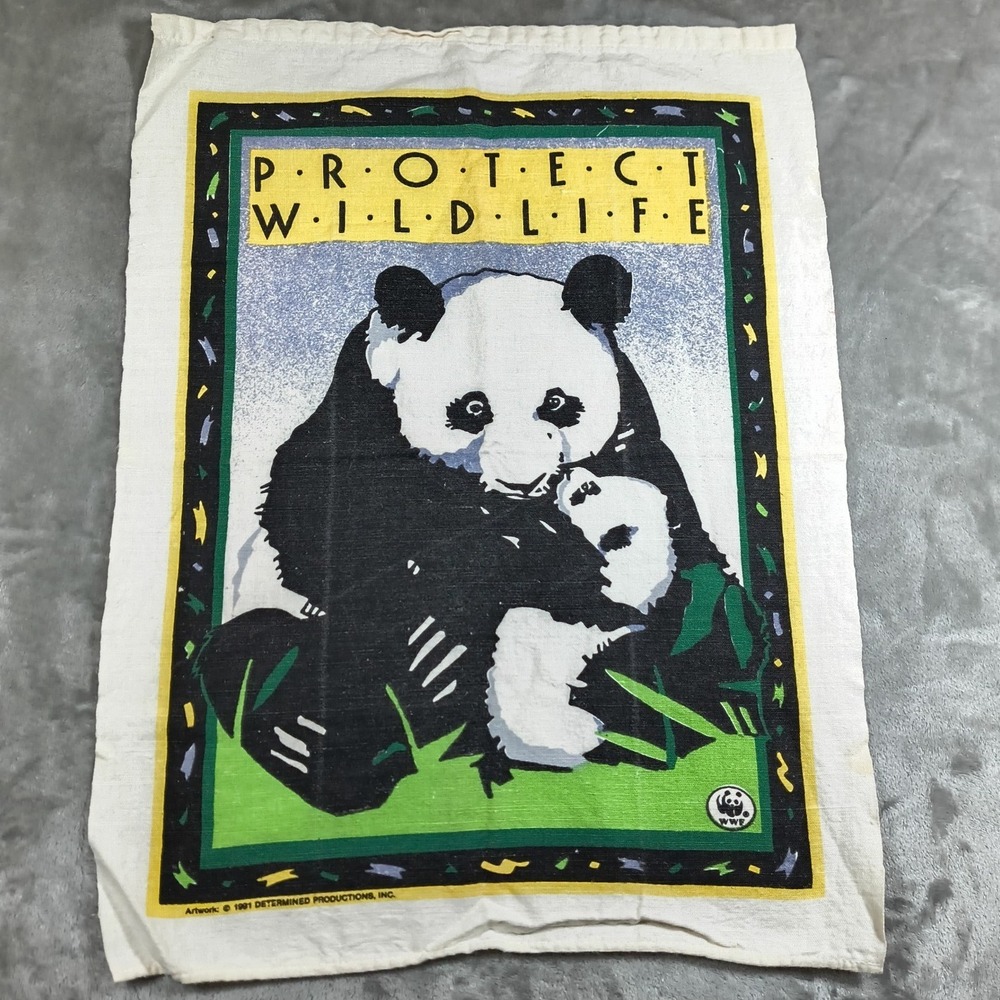 Vintage World Wildlife Fund Tea‎ Towel Protect Wildlife Panda WWF 90d